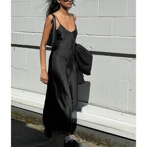 Midi Satin Slip Dress OAK+FORT Size S Black V-Neckline